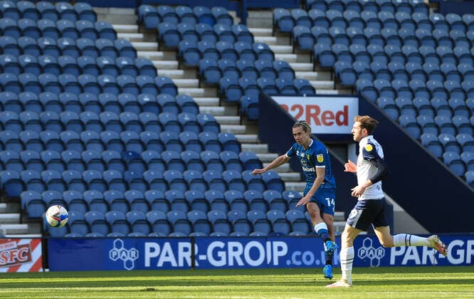 2nd April 2021; Deepdale Stadium, Preston, Lancashire, England; English Football League Championship Football, Preston North End versus Norwich City; Todd Cantwell of Norwich City attempts a long range shot at goal saved by Daniel Iverson of Preston North End  ActionPlus12278559 DavidxBlunsden