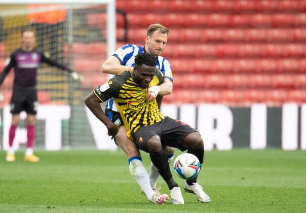 Watford Isaac Success and Sheffield Wednesday Tom Lees during the Sky Bet Championship match between Watford and Sheff Wednesday at Vicarage Road, Watford, England on 2 April 2021. Copyright: xAndrewxAleksiejczukx PMI-4092-0018
