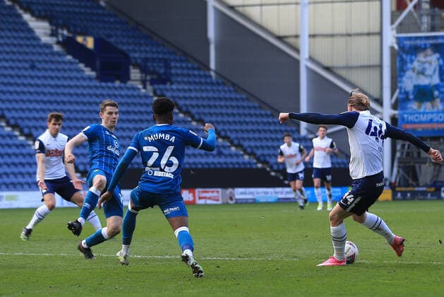 2nd April 2021; Deepdale Stadium, Preston, Lancashire, England; English Football League Championship Football, Preston North End versus Norwich City; Brad Potts of Preston North End turns and shoots to score the equalising goal in the 5th minute of added time  ActionPlus12278633 DavidxBlunsden