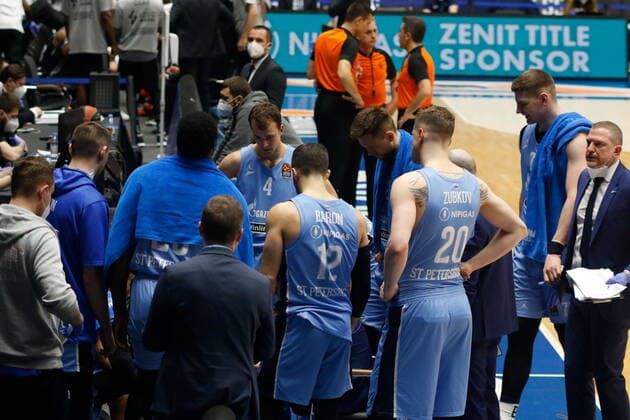 Saint Petersburg, Russia - 2 April 2021: Kevin Pangos (4) of Zenit are seen in action during the 2020-2021 Turkish Airlines EuroLeague, match between BC ASVEL Villeurbanne and Zenit. MaksimxKonstantinov