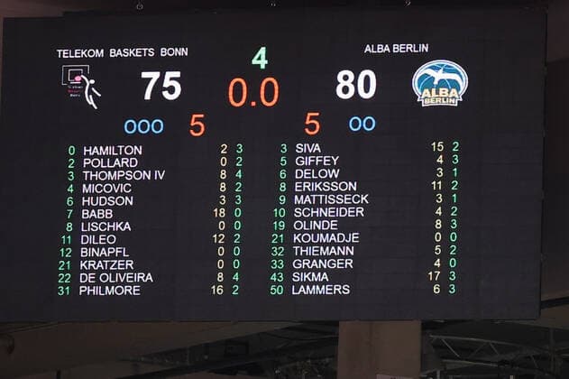 GER, Easycredit BBL, Telekom Baskets Bonn vs. Alba Berlin 04.04.2021, Telekom Dome, Bonn, GER, Easycredit BBL, Telekom Baskets Bonn vs. Alba Berlin, im Bild: Endstand 75:80
