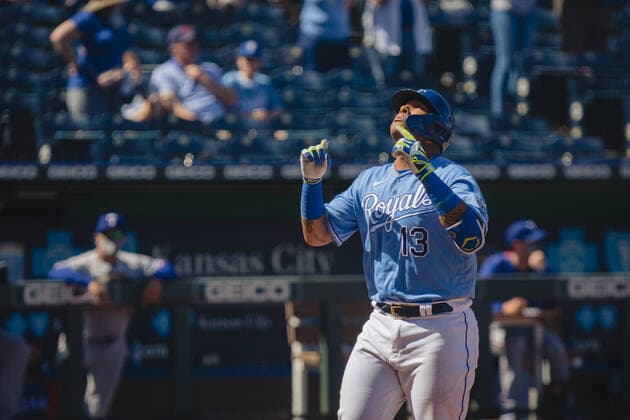 Kansas City Royals catcher Salvador Perez 13 celebrates after hitting a two run home run against the Texas Rangers in the sixth inning at Kaufman Stadium in Kansas City, Missouri on Sunday, April 04, 2021.  KCP20210404106 KYLExRIVAS