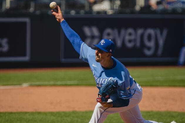 Kansas City Royals relief pitcher Kyle Zimmer 45 pitches in the 6th inning against the Texas Rangers at Kaufman Stadium in Kansas City, Missouri on Sunday, April 4, 2021.  KCP20210404209 KYLExRIVAS