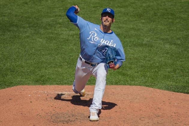 Kansas City Royals relief pitcher Kyle Zimmer 45 pitches in the 6th inning against the Texas Rangers at Kaufman Stadium in Kansas City, Missouri on Sunday, April 4, 2021.  KCP20210404210 KYLExRIVAS