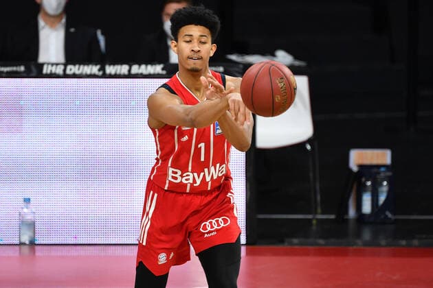 Jason GEORGE (FCB), Aktion,Einzelbild,angeschnittenes Einzelmotiv,Halbfigur,halbe Figur. Basketball 1.Bundesliga FC Bayern Muenchen-medi Bayreuth am 06.04.2021 A U D I D O M E.