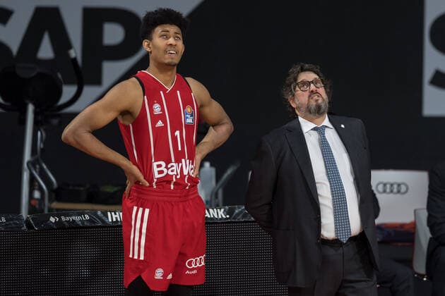 Basketball, BBL, 20210406, FC Bayern München - medi Bayreuth. Im Bild Jason GEORGE (FC Bayern München, 1) vor Einwechslung. München Audi Dome Bayern Deutschland Copyright: Passion2Press MarkusxFischerx