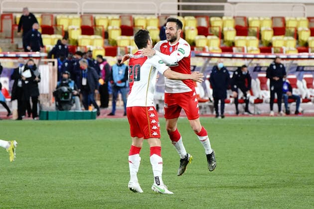 Joie - Stevan Jovetic (AS Monaco) - Cesc Fabregas (AS Monaco) FOOTBALL : AS Monaco vs Metz - Coupe de France - Monaco - 06 04 2021 NorbertScanella PanoramiC 