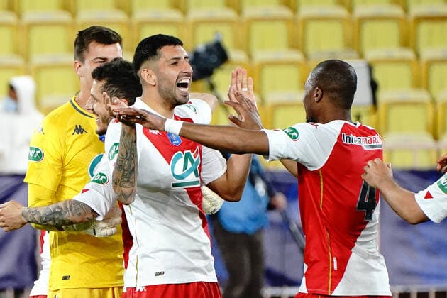 Joie - Guillermo Maripan (AS monaco) - Djibril Sidibe (AS Monaco) FOOTBALL : AS Monaco vs Metz - Coupe de France - Monaco - 06 04 2021 NorbertScanella PanoramiC 