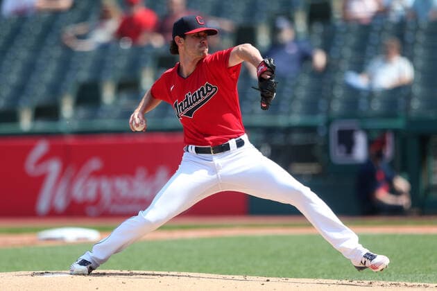 Cleveland Indians Shane Bieber (57) pitches during the first inning against the Kansas City Royals at Progressive Field in Cleveland, Ohio on Wednesday, April 7, 2021.  CLE20210407103 AARONxJOSEFCZYK