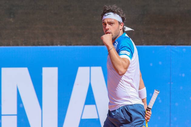 2021 Sardegna Open Tennis - 20210408 CAGLIARI, ITALY, APR 08: Marco Cecchinato reacts during the ATP, Tennis Herren Tour 250 Sardegna Open tennis match against Yannick Hanfmann in Cagliari, Italy on April 08, 2021. Yannick Hanfmann won the match 7-5, 6-1. Cagliari Tennis Club Cagliari Italy 6473_237148 Copyright: xGiampieroxSposito PentaxPressx