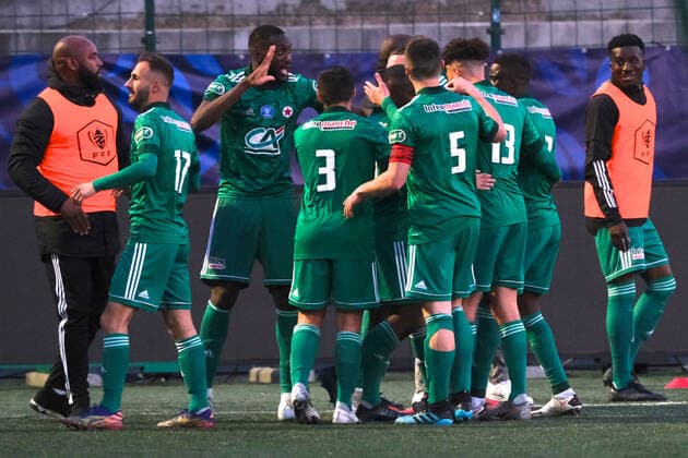 April 9, 2021, Saint Ouen, Seine Saint Denis, France: Joy of Red Star player after their second goal during the round of 16 soccer French Cup match between Red Star and Olympique Lyonnais at Bauer Stadium - Saint Ouen - France..Lyon Won 2:2 Saint Ouen France - ZUMAp119 20210409_zaf_p119_028 Copyright: xPierrexSteveninx
