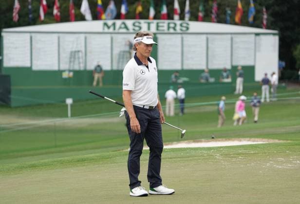 Bernhard Langer looks at the green on the ninth hole during the second round of the 2021 Masters Tournament at Augusta National Golf Club in Augusta, Georgia on Friday, April 9, 2021.  AUG20210409162 KEVINxDIETSCH