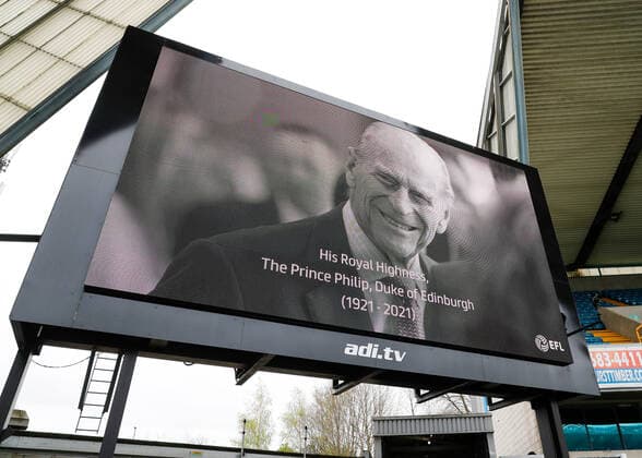 10th April 2021; The Den, Bermondsey, London, England; English Championship Football, Millwall Football Club versus Swansea City; Giant scoreboard displaying a tribute to Prince Philip, Duke of Edinburgh, who died in Windsor Castle on 9th April 2021  ActionPlus12279919 JohnxPatrickxFletcher