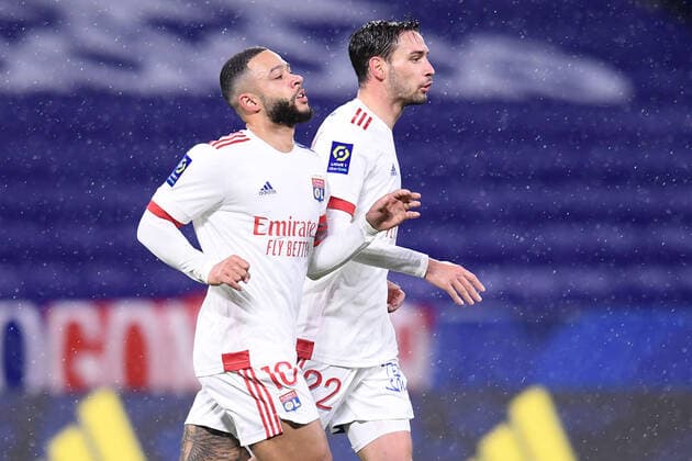 JOIE - FAIR PLAY - 10 MEMPHIS DEPAY (OL) - 22 MATTIA DE SCIGLIO (OL) FOOTBALL : Lyon vs Angers - Ligue 1 Uber Eats - 11 04 2021 FEP Panoramic 