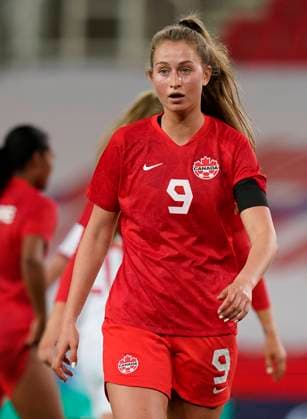 Stoke, England, 13th April 2021. Jordyn Huitema of Canada during the International Football Friendly match at The Bet365 Stadium, Stoke. Picture credit should read: Andrew Yates Sportimage EDITORIAL USE ONLY. No use with unauthorised audio, video, data, fixture lists, club league logos or live services. Online in-match use limited to 120 images, no video emulation. No use in betting, games or single club league player publications. SPI-0999-0078