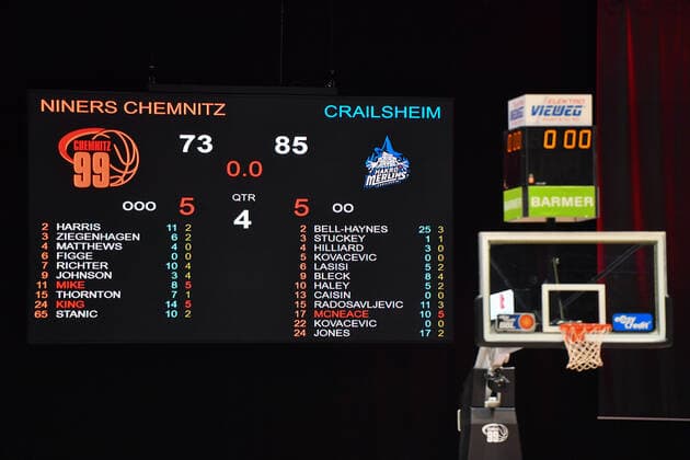 Chemnitz, Deutschland 14. April 2021: BBL - 2020 2021 - Niners Chemnitz vs. Hakro Merlins Crailsheim Anzeigetafel mit dem Endstand von 73:85. Messe Chemnitz Sachsen Copyright: xFotostandx xDostmannx