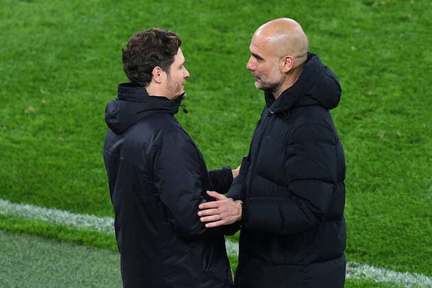 Fußball Champions League Viertelfinale Borussia Dortmund - Manchester City am 14.04.2021 im Signal Iduna Park in Dortmund Edin Terzic ( Trainer Cheftrainer Dortmund ), links - Josep Pep Guardiola ( Cheftrainer Manchester ), rechts