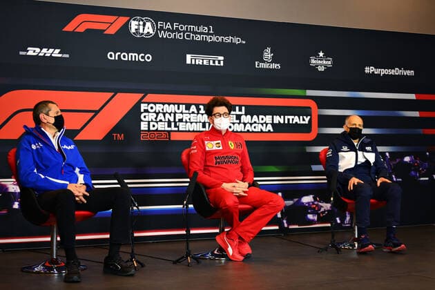 F1 Grand Prix of Emilia Romagna Guenther Steiner (ITA, Haas F1 Team), Mattia Binotto (ITA, Scuderia Ferrari Mission Winnow), Franz Tost (AUT, Scuderia AlphaTauri Honda), F1 Grand Prix of Emilia Romagna at Autodromo Enzo e Dino Ferrari on April 16, 2021 in Imola, Italy. (Photo by Clive Mason Getty Images FIA Pool via HOCH ZWEI) Imola Autodromo Enzo e Dino Ferrari Italy Poolfoto HOCH ZWEI Pool Getty Images ,EDITORIAL USE ONLY