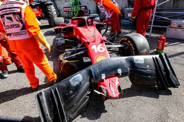 Car of 16 Charles Leclerc (MON, Scuderia Ferrari Mission Winnow) after crash, F1 Grand Prix of Emilia Romagna at Autodromo Enzo e Dino Ferrari on April 16, 2021 in Imola, Italy. (Photo by HOCH ZWEI) Imola Italy