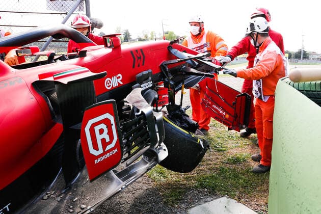 Car of 16 Charles Leclerc (MON, Scuderia Ferrari Mission Winnow) after crash, F1 Grand Prix of Emilia Romagna at Autodromo Enzo e Dino Ferrari on April 16, 2021 in Imola, Italy. (Photo by HOCH ZWEI) Imola Italy