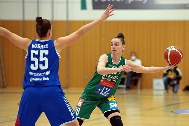 16.04.2021, xovx, Basketball Damen Bundesliga - Playoffs Halbfinale Spiel 2, BC pharmaserv Marburg - Rutronik Stars Keltern v.l. Stephanie Wagner (BC Pharmaserv Marburg), Sanja Mandic (Rutronik Stars Keltern) Marburg Sporthalle Georg Gaßmann Stadion Hessen Deutschland (DE)