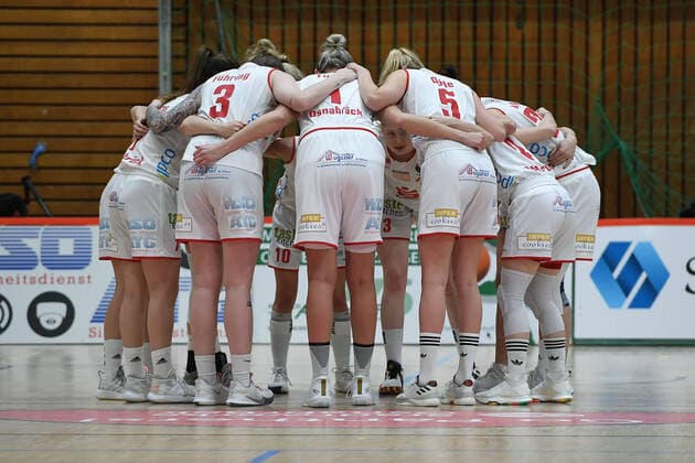 Basketball Damen 1. Bundesliga Halbfinale 2. Spiel GiroLive Panthers Osnabrück - Herner TC am 16.04.2021 in der OSC-Halle in Osnabrück Spielerkreis Team GiroLive Panthers Osnabrück schwört sich vor dem Spiel ein