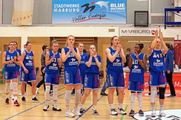 16.04.2021, xovx, Basketball Damen Bundesliga - Playoffs Halbfinale Spiel 2, BC pharmaserv Marburg - Rutronik Stars Keltern Nach der 63:71 Niederlage gegen Keltern ist die Saison für den BC Marburg beendet. Marburg Sporthalle Georg Gaßmann Stadion Hessen Deutschland (DE)