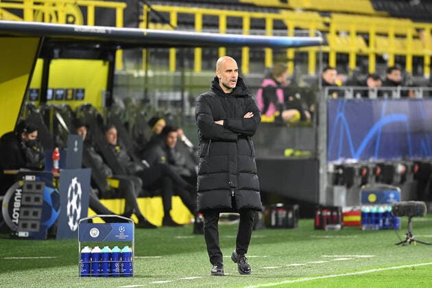 Dortmund, Signal Iduna Park, 14.04.21, GER, Herren, UEFA Champions League, Saison 2020-2021, Borussia Dortmund - Manchester City Bild: Trainer Pep Guardiola (Manchester City) Nur fuer journalistische Zwecke! Only for editorial use! Gemaess den Vorgaben der DFL Deutsche Fußball Liga ist es untersagt, in dem Stadion und oder vom Spiel angefertigte Fotoaufnahmen in Form von Sequenzbildern und oder videoaehnlichen Fotostrecken zu verwerten bzw. verwerten zu lassen. DFL regulations prohibit any use of photographs as image sequences and or quasi-video. Nordrhein-Westfalen Deutschland