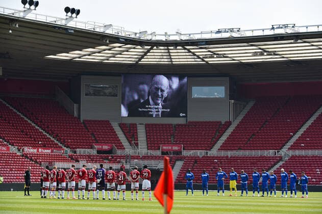 Mandatory Credit: Photo by Greig Cowie BPI Shutterstock (11861262av) The players respect a minutes silence for HRH Prince Philip Middlesbrough v Queens Park Rangers, EFL Sky Bet Championship, Football, The Riverside Stadium, Middlesbrough, UK - 17 Apr 2021 EDITORIAL USE ONLY No use with unauthorised audio, video, data, fixture lists, club league logos or live services. Online in-match use limited to 120 images, no video emulation. No use in betting, games or single club league player publications. Middlesbrough v Queens Park Rangers, EFL Sky Bet Championship, Football, The Riverside Stadium, Middlesbrough, UK - 17 Apr 2021 EDITORIAL USE ONLY No use with unauthorised audio, video, data, fixture lists, club league logos or live services. Online in-match use limited to 120 images, no video emulation. No use in betting, games or single club league player publications. Copyright: xGreigxCowie BPI Shutterstockx 11861262av