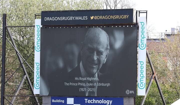 Mandatory Credit: Photo by Kieran McManus BPI Shutterstock (11861411e) A minutes silence is observed to mark the passing of Prince Phillip Newport County v Cambridge United, EFL Sky Bet League Two, Football, Rodney Parade, Newport, UK - 17 Apr 2021 EDITORIAL USE ONLY No use with unauthorised audio, video, data, fixture lists, club league logos or live services. Online in-match use limited to 120 images, no video emulation. No use in betting, games or single club league player publications. Newport County v Cambridge United, EFL Sky Bet League Two, Football, Rodney Parade, Newport, UK - 17 Apr 2021 EDITORIAL USE ONLY No use with unauthorised audio, video, data, fixture lists, club league logos or live services. Online in-match use limited to 120 images, no video emulation. No use in betting, games or single club league player publications. Copyright: xKieranxMcManus BPI Shutterstockx 11861411e