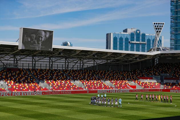 17th April 2021; Brentford Community Stadium, London, England; English Football League Championship Football, Brentford FC versus Millwall; Brentford and Millwall players observe a minutes silence to honour the life of Prince Philip, Duke of Edinburgh, who died in Windsor Castle on 9th April 2021  ActionPlus12281555 JohnxPatrickxFletcher