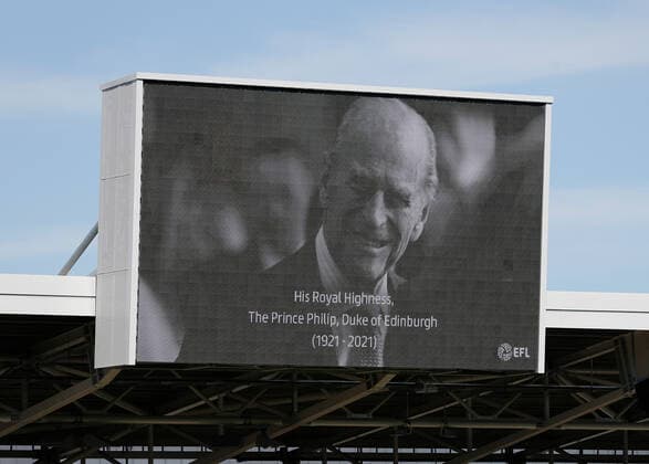17th April 2021; Brentford Community Stadium, London, England; English Football League Championship Football, Brentford FC versus Millwall; Giant scoreboard displaying a tribute to Prince Philip, Duke of Edinburgh, who died in Windsor Castle on 9th April 2021  ActionPlus12281556 JohnxPatrickxFletcher