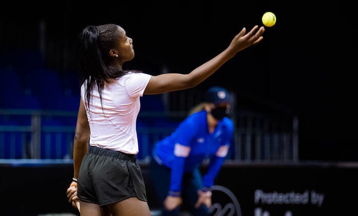 April 17, 2021, STUTTGART, GERMANY: Noma Noha Akugue of Germany in action during the first round of qualifications at the 2021 Porsche Tennis Grand Prix WTA, Tennis Damen 500 tournament against Margarita Gasparyan of Russia STUTTGART GERMANY - ZUMAa181 20210417_zaa_a181_015 Copyright: xRobxPrangex