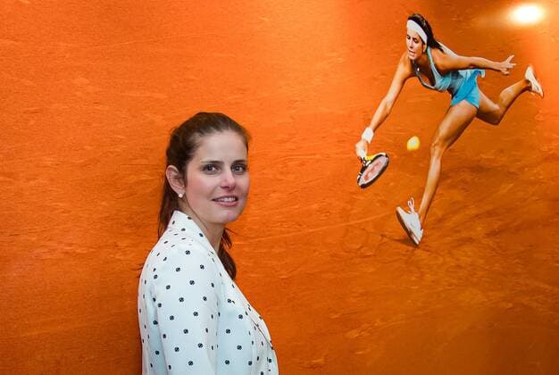 Mandatory Credit: Photo by Rob Prange Shutterstock (11862863w) Julia Goerges of Germany poses in front of a photo commemorating her 2011 championship run at the 2021 Porsche Tennis Grand Prix WTA, Tennis Damen 500 tournament 2021 Porsche Tennis Grand Prix Qualifications Day 1 - 17 Apr 2021 2021 Porsche Tennis Grand Prix Qualifications Day 1 - 17 Apr 2021  Copyright: xRobxPrange Shutterstockx 11862863w