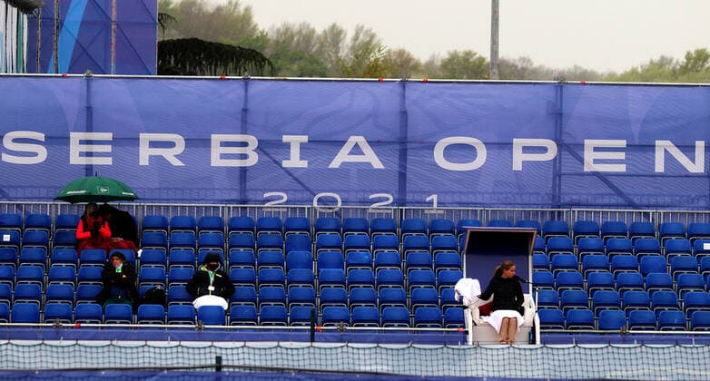 17.04.2021 Belgrade(Serbia) Serbia Challenger Open men s tennis doubles final Rain on empty tribunes before start of ATP, Tennis Herren Serbia open :