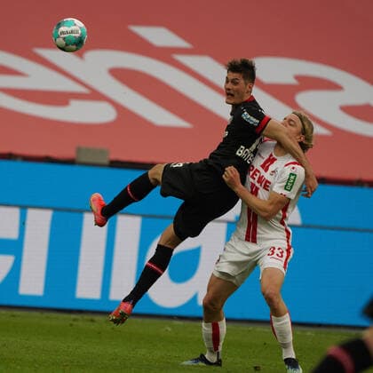 Fussball , 1.BL. Saison 2020 2021, Corona, Covid-19, Ohne Zuschauer, Geisterspiel, Bayer 04 Leverkusen vs. 1.FC Köln , 17.04.2021, Bayarena Leverkusen, Patrik Schick, Sebastian Bornauw 1.FC Köln, *** Football , 1 BL season 2020 2021, Corona, Covid 19, Without spectators, Ghost match, Bayer 04 Leverkusen vs 1 FC Köln , 17 04 2021, Bayarena Leverkusen, Patrik Schick, Sebastian Bornauw 1 FC Köln,