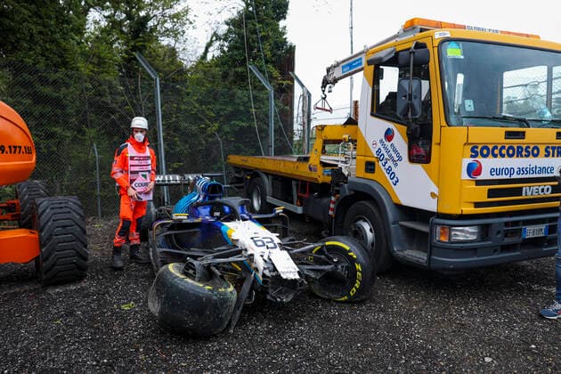 Car of 63 George Russell (GBR, Williams Racing) after crash, F1 Grand Prix of Emilia Romagna at Autodromo Enzo e Dino Ferrari on April 18, 2021 in Imola, Italy. (Photo by HOCH ZWEI) Imola Italy