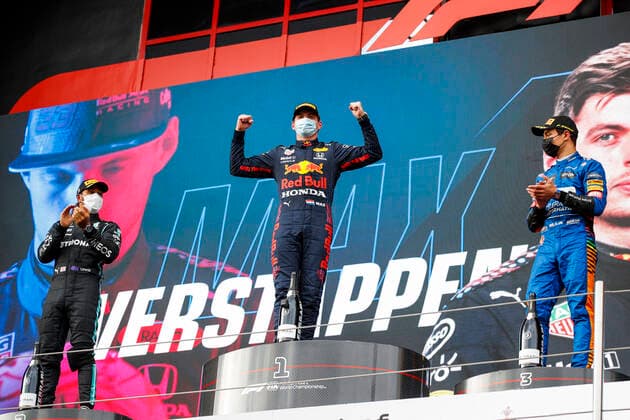 44 Lewis Hamilton (GBR, Mercedes-AMG Petronas F1 Team), 33 Max Verstappen (NED, Red Bull Racing), 4 Lando Norris (GBR, McLaren F1 Team), F1 Grand Prix of Emilia Romagna at Autodromo Enzo e Dino Ferrari on April 18, 2021 in Imola, Italy. (Photo by HOCH ZWEI) Imola Italy