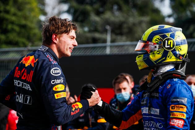33 Max Verstappen (NED, Red Bull Racing), 4 Lando Norris (GBR, McLaren F1 Team), F1 Grand Prix of Emilia Romagna at Autodromo Enzo e Dino Ferrari on April 18, 2021 in Imola, Italy. (Photo by HOCH ZWEI) Imola Italy