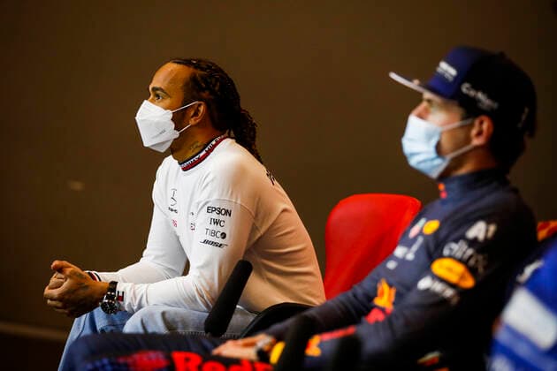 F1 Grand Prix of Emilia Romagna 44 Lewis Hamilton (GBR, Mercedes-AMG Petronas F1 Team), 33 Max Verstappen (NED, Red Bull Racing), F1 Grand Prix of Emilia Romagna at Autodromo Enzo e Dino Ferrari on April 18, 2021 in Imola, Italy. (Photo by Florent Gooden DPPI FIA Pool via HOCH ZWEI) Imola Italy Poolfoto HOCH ZWEI Pool Florent Gooden ,EDITORIAL USE ONLY