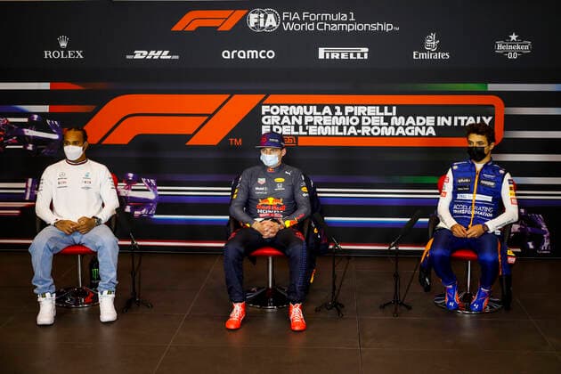 F1 Grand Prix of Emilia Romagna 44 Lewis Hamilton (GBR, Mercedes-AMG Petronas F1 Team), 33 Max Verstappen (NED, Red Bull Racing), 4 Lando Norris (GBR, McLaren F1 Team), F1 Grand Prix of Emilia Romagna at Autodromo Enzo e Dino Ferrari on April 18, 2021 in Imola, Italy. (Photo by Florent Gooden DPPI FIA Pool via HOCH ZWEI) Imola Italy Poolfoto HOCH ZWEI Pool Florent Gooden ,EDITORIAL USE ONLY