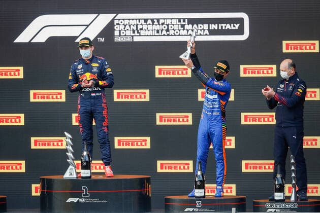 podium VERSTAPPEN Max (ned), Red Bull Racing Honda RB16B, NORRIS Lando (gbr), McLaren MCL35M, portrait during the Formula 1 Pirelli Gran Premio Del Made In Italy E Dell emilia Romagna 2021 from April 16 to 18, 2021 on the Autodromo Internazionale Enzo e Dino Ferrari, in Imola, Italy - FORMULE 1 : Grand prix Emilie Romagne - Imola - Course - 18 04 2021 DPPI Panoramic 