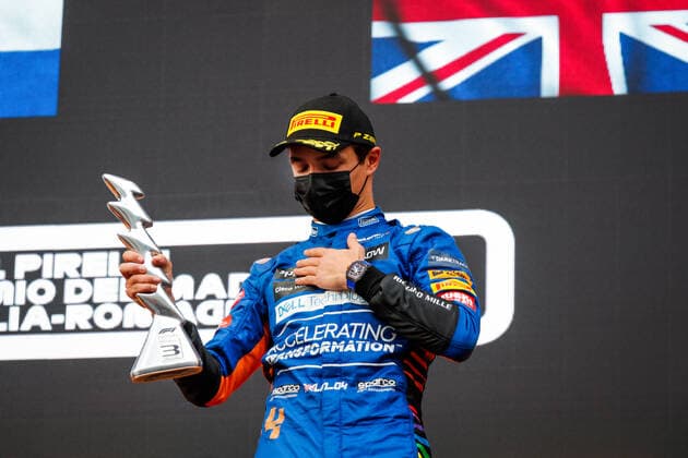 NORRIS Lando (gbr), McLaren MCL35M, portrait podium during the Formula 1 Pirelli Gran Premio Del Made In Italy E Dell Emilia Romagna 2021 from April 16 to 18, 2021 on the Autodromo Internazionale Enzo e Dino Ferrari, in Imola, Italy - FORMULE 1 : Grand prix Emilie Romagne - Imola - Course - 18 04 2021 DPPI Panoramic 