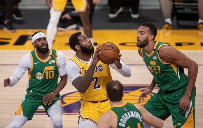 April 19, 2021, Los Angeles, California, USA: Quinn Cook 2 of the Los Angeles Lakers looks to put up a shot during their regular season NBA, Basketball Herren, USA game with the Utah Jazz on Monday April 19, 2021 at the Staples Center in Los Angeles, California. Lakers lose to Jazz, 97-111. PI Los Angeles USA - ZUMAp124 20210419_zaa_p124_009 Copyright: xJAVIERxROJASx