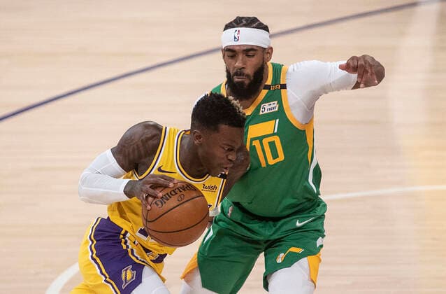 April 19, 2021, Los Angeles, California, USA: Dennis Schroder 17 of the Los Angeles Lakers tries to get past Mike Conley 10 of the Utah Jazz during their regular season NBA, Basketball Herren, USA game on Monday April 19, 2021 at the Staples Center in Los Angeles, California. Lakers lose to Jazz, 97-111. PI Los Angeles USA - ZUMAp124 20210419_zaa_p124_012 Copyright: xJAVIERxROJASx