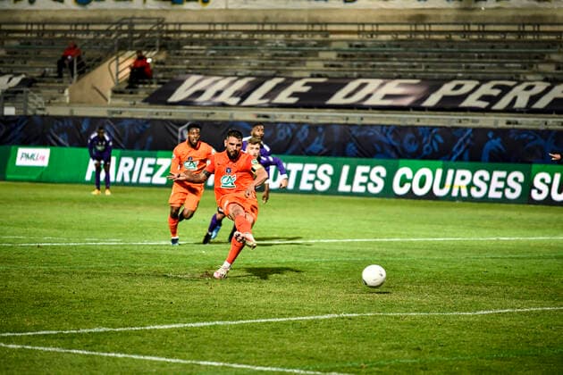 Penalty transforme et joie parAndy Delort (mhsc) FOOTBALL : Canet Roussilon vs Montpellier - Quart de Final Coupe de France - Canet Roussilon - 20 04 2021 ThierryBreton Panoramic 