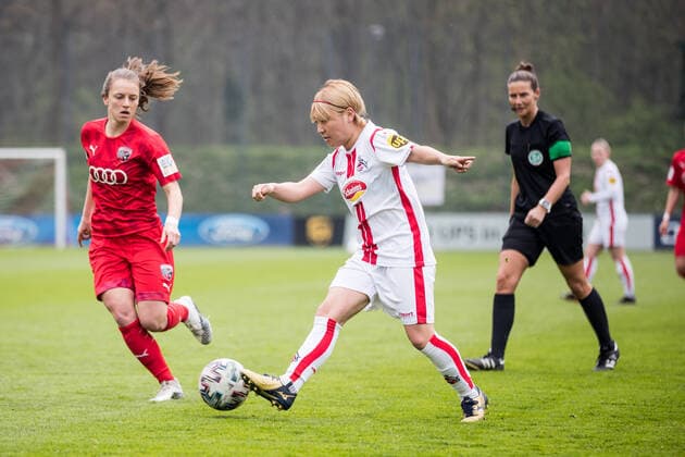 2. Frauen Fussball Bundesliga, 1. FC Koeln - FC Ingolstadt; 21.04.2021 Stefanie Reischmann ( 21, FC Ingolstadt), Yuka Hirano ( 17, 1. FC Koeln) 2. Frauen Fussball Bundesliga, 1. FC Koeln - FC Ingolstadt, Koeln, Geissbockheim DFL REGULATIONS PROHIBIT ANY USE OF PHOTOGRAPHS AS IMAGE SEQUENCES AND OR QUASI-VIDEO. Copyright: xBEAUTIFULxSPORTS Wunderlx