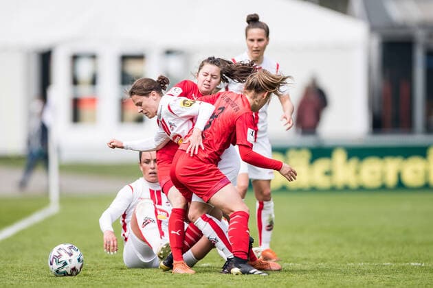2. Frauen Fussball Bundesliga, 1. FC Koeln - FC Ingolstadt; 21.04.2021 Alicia-Sophie Gudorf ( 12, 1. FC Koeln), Alina Mailbeck ( 8, FC Ingolstadt) 2. Frauen Fussball Bundesliga, 1. FC Koeln - FC Ingolstadt, Koeln, Geissbockheim DFL REGULATIONS PROHIBIT ANY USE OF PHOTOGRAPHS AS IMAGE SEQUENCES AND OR QUASI-VIDEO. Copyright: xBEAUTIFULxSPORTS Wunderlx