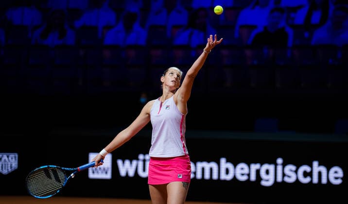 April 21, 2021, STUTTGART, GERMANY: Karolina Pliskova of the Czech Republic in action during her first-round match at the 2021 Porsche Tennis Grand Prix WTA, Tennis Damen 500 tournament against Tamara Korpatsch of Germany STUTTGART GERMANY - ZUMAa181 20210421_zaa_a181_011 Copyright: xRobxPrangex