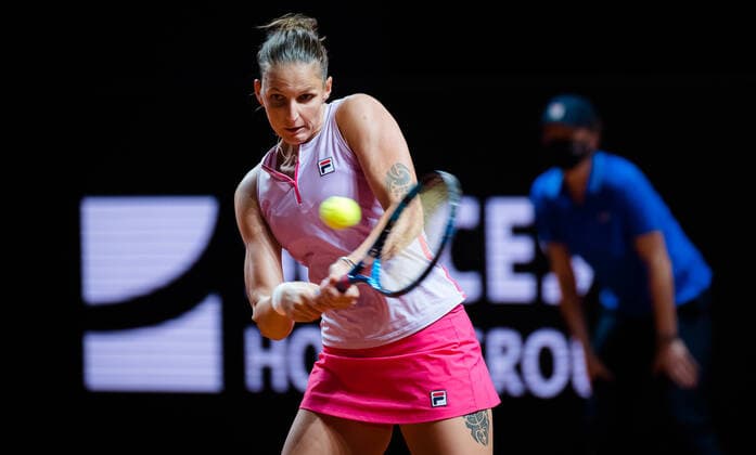 April 21, 2021, STUTTGART, GERMANY: Karolina Pliskova of the Czech Republic in action during her first-round match at the 2021 Porsche Tennis Grand Prix WTA, Tennis Damen 500 tournament against Tamara Korpatsch of Germany STUTTGART GERMANY - ZUMAa181 20210421_zaa_a181_038 Copyright: xRobxPrangex